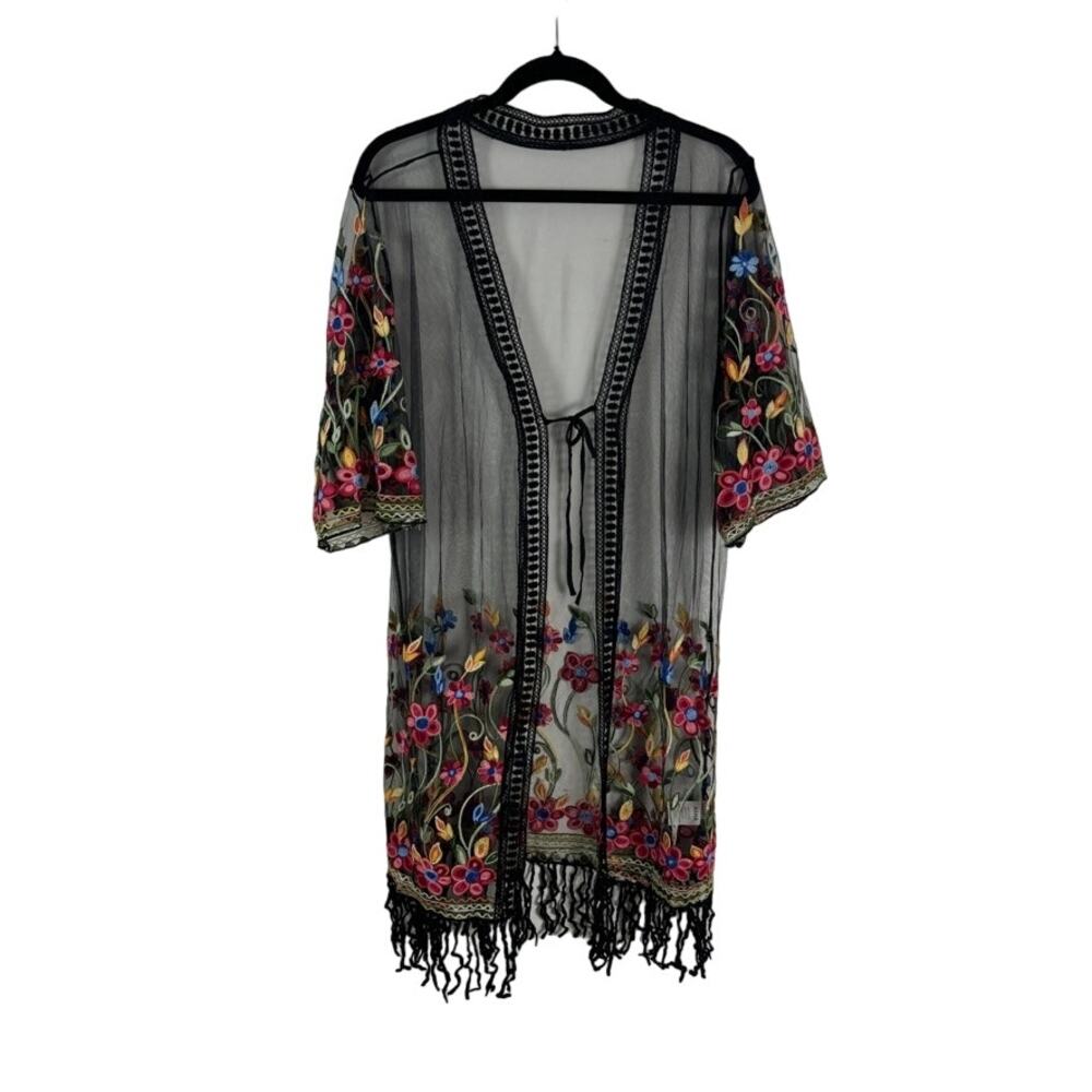 Asha‎ Embroidered Kimono Coverup – Sheer Tassel Long Swim Duster OS